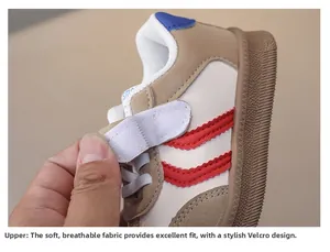 Detail shot showing the easy-to-use velcro strap on a child's retro casual sneaker