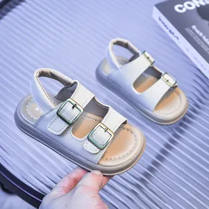Kids cream buckle sandals with double adjustable straps and soft soles for summer