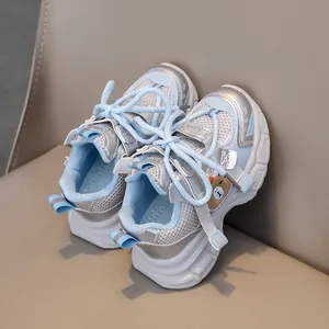 Breathable blue and silver mesh sneakers for kids with cute cartoon bear decoration