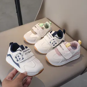 Toddler casual white sneakers with cute panda patterns and velcro straps for kids