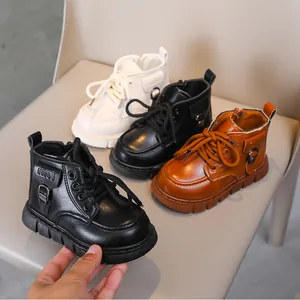 Classic children's leather Martin boots in black, beige, and brown with anti-slip thick soles