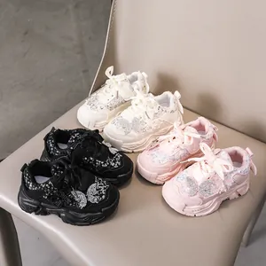 Baskets pailletées pour filles avec nœud en strass et lacets en ruban de satin