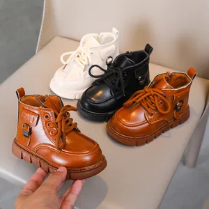 Kids Martin Boots Synthetic Leather Warm Short Boots Side Zipper Lace-up For Boys Girls Casual British Style Non-slip Fashion Shoes
