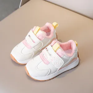 Kids warm fleece-lined sneakers in beige and pink with cute bunny velcro straps