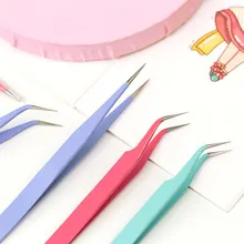 Set of pastel macaron tweezers for DIY crafts with straight and curved pointed tips