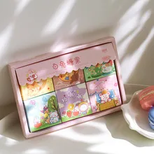 Pink boxed sticker set with cute cat and rabbit illustrations for diary decoration