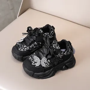 Baskets noires à paillettes pour fille avec motif papillon et lacets en satin