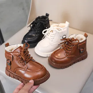 Bottines Martin d'Hiver pour Enfants Cuir Microfibre Doublé Peluche Chaud Imperméable Antidérapant Bottes pour Garçons Filles
