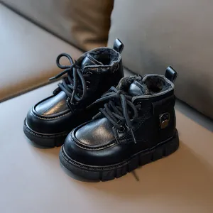 Bottes de neige noires en cuir pour enfants avec doublure chaude et fermeture éclair