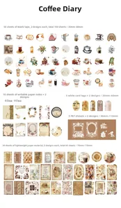 Λεπτομερής προβολή vintage σετ scrapbooking με θέμα τον καφέ, αυτοκόλλητα και ετικέτες