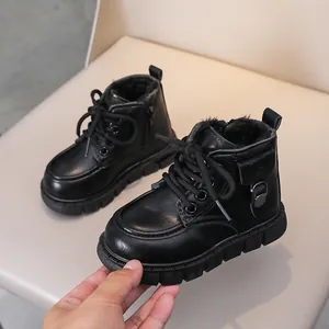 Bottes martin en cuir noir pour enfants avec doublure polaire et semelles épaisses antidérapantes