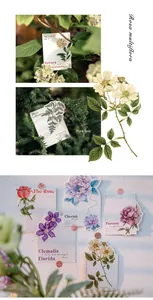 Detail of vintage botanical cards featuring rose and clematis illustrations for decoration