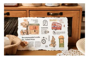 Detail showing vintage travel themed washi stickers with artistic lettering and bus motifs