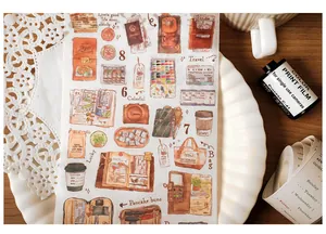 Macro shot of vintage travel-themed watercolor stickers with camera and passport on a white plate