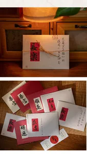 Detail of traditional Chinese calligraphy greeting cards with red and beige envelopes