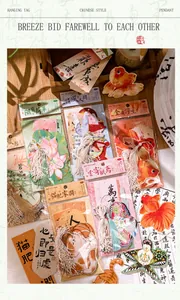Detail of Chinese style bookmarks with goldfish and cat motifs and decorative tassels