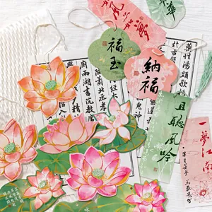 Artistic lotus flower card bookmarks with traditional Chinese ink painting and golden edges