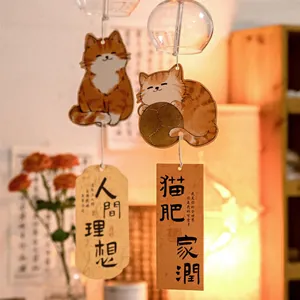 Japanese style glass wind chime with cute orange cat ornament and vintage paper tag