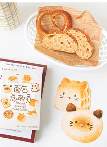 Detail of cute bread-shaped postcards including croissant and toast cartoon designs
