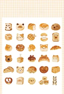 Detail view showing 30 different watercolor cartoon animal bread postcard illustrations