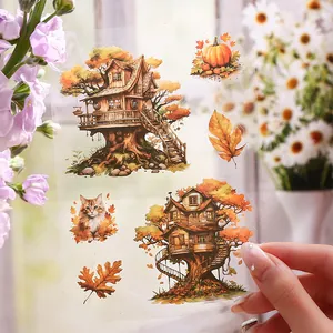 Pegatinas PET de casa del bosque otoñal con gato y hojas para decoración de diarios