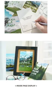 Künstlerische Landschafts-Postkarten mit verschneiten Bergen und Kalligraphie-Dekor