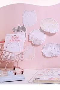 Close-up of 30pcs cute cartoon kitten shaped sticky notes in pink stationery set