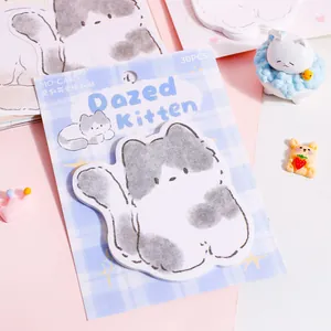 Cute Dazed Kitten shaped sticky notes with 30 pieces on a purple checkered background