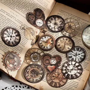 Adesivi steampunk vintage con ingranaggi e orologi su pagine di vecchi libri