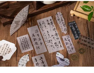 Detail of vintage Chinese calligraphy stickers with semi-transparent paper texture for DIY bags