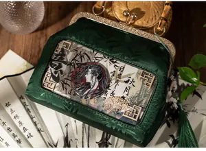 Detail of dark green satin ita bag with bamboo handle and clear display window