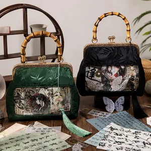 Chinese style ita bags with bamboo pattern fabric and clear windows for anime pins