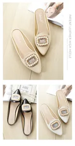 Detail of pointed toe flat mules with luxury square pearl and rhinestone buckles in three colors