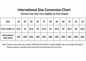Size conversion chart for leather clogs featuring standard measurements from 33 to 43