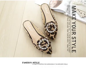 Detail shot of leopard print pointed-toe flats with sparkling rhinestone round buckle