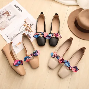 Chic square-toe ballet flats for women with colorful floral bow knot in three colors