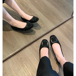 Classic black suede ballet flats for women with elegant square buckle and round toe