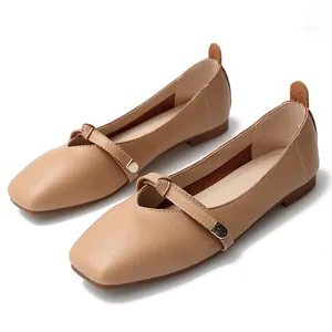 Chic apricot square toe ballet flats for women with strap and metal buckle detail