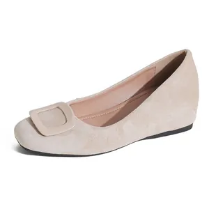 Elegant apricot suede flat shoes for women with a classic square buckle on a round toe