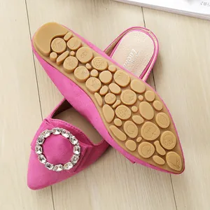 Elegant rose red pointed toe flat shoes with sparkling rhinestone buckles and non-slip soles
