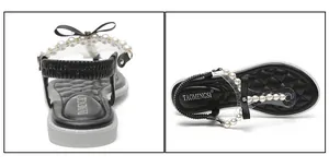 Detailed view of black flip-flop sandals with pearl beads, silk bow, and quilted insole
