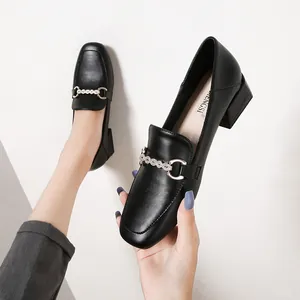 Women Block Heel Loafers Square Toe British Style Microfiber Leather Shoes With Rhinestone Metal Buckle For Office Daily