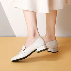 Chic beige block heel loafers for women with vintage square toe and metallic buckle detail