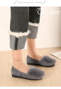 Detail of dark grey loafer shoes with fluffy rabbit fur trim and anti-slip rubber soles
