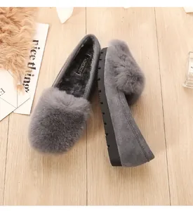Detail of grey suede loafers featuring thick faux fur lining and anti-slip rubber soles