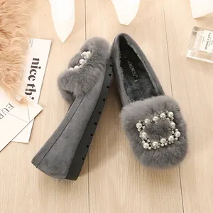Deep grey faux fur loafers for women with pearl buckle and warm plush lining