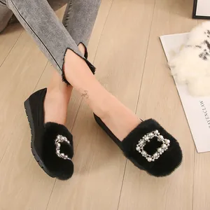 Elegant black suede loafers with rabbit fur trim and pearl buckle for autumn winter