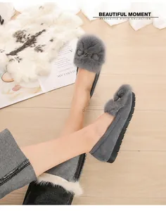 Detail view of dark grey plush loafers with thick non-slip soles and warm faux fur lining