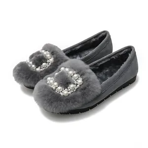 Women's dark grey faux suede loafer shoes with plush rabbit fur and rhinestone buckle
