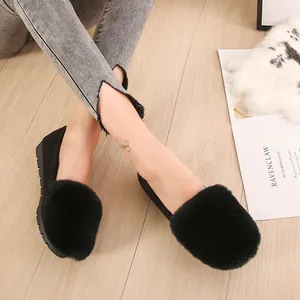 Women's black suede loafers with faux rabbit fur ball decorations for autumn and winter